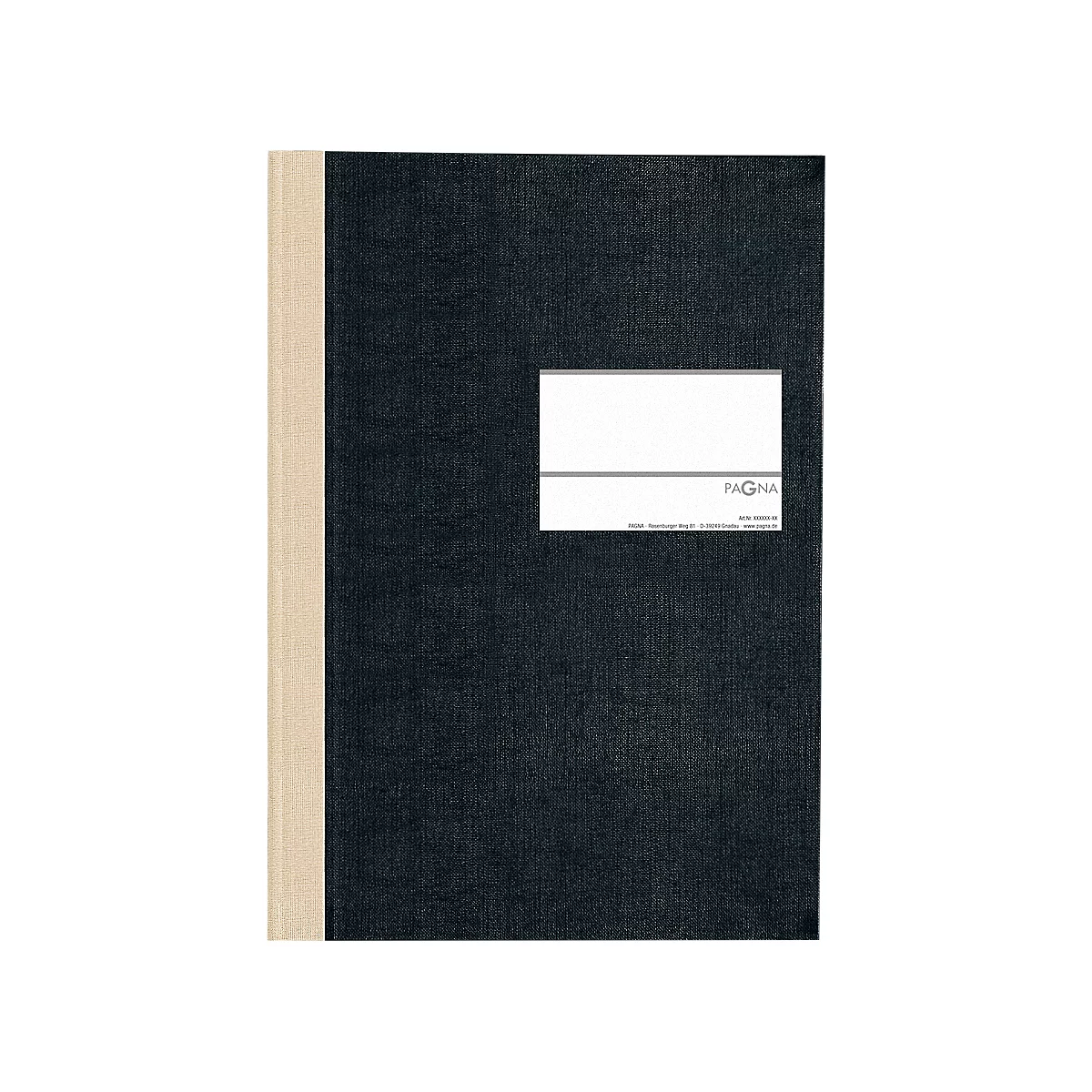 Schwarzes Notizbuch mit cremefarbenem Rücken und weißem Etikett. Auf dem Etikett steht 'PAGNA'.