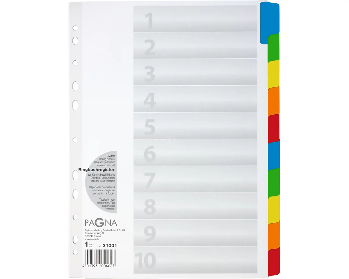 PAGNA indexbladen karton, cijfers 1-10, gekleurde tabs