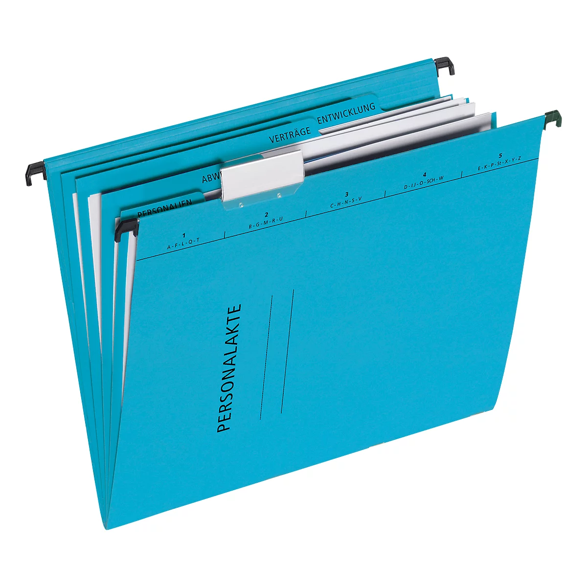 Turquoise hanging files. Labels: PERSONNEL FILES, CONTRACTS, DEVELOPMENT. Black hooks and index cards.