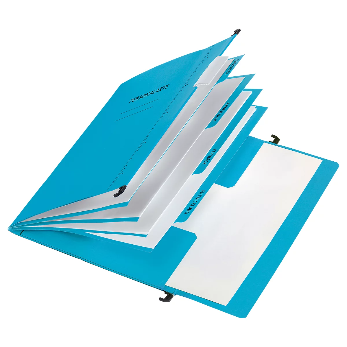 Light blue hanging file folder with white index cards, black clips and labels. The open filing system is slightly tilted.