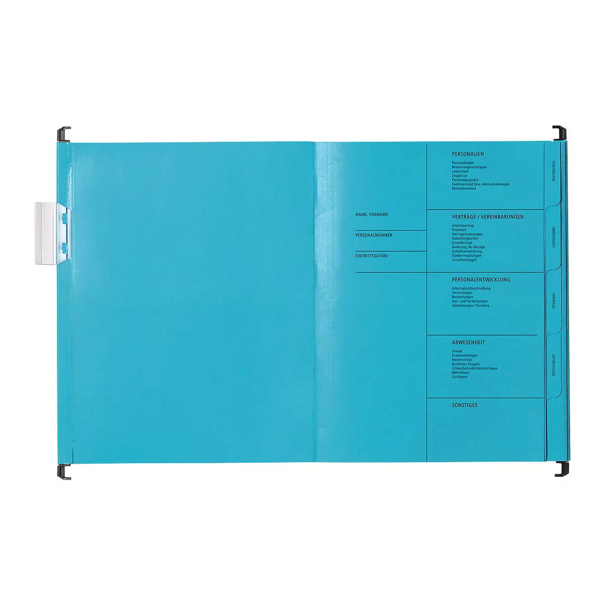Light blue hanging file with white holders and black text. Divided into categories.