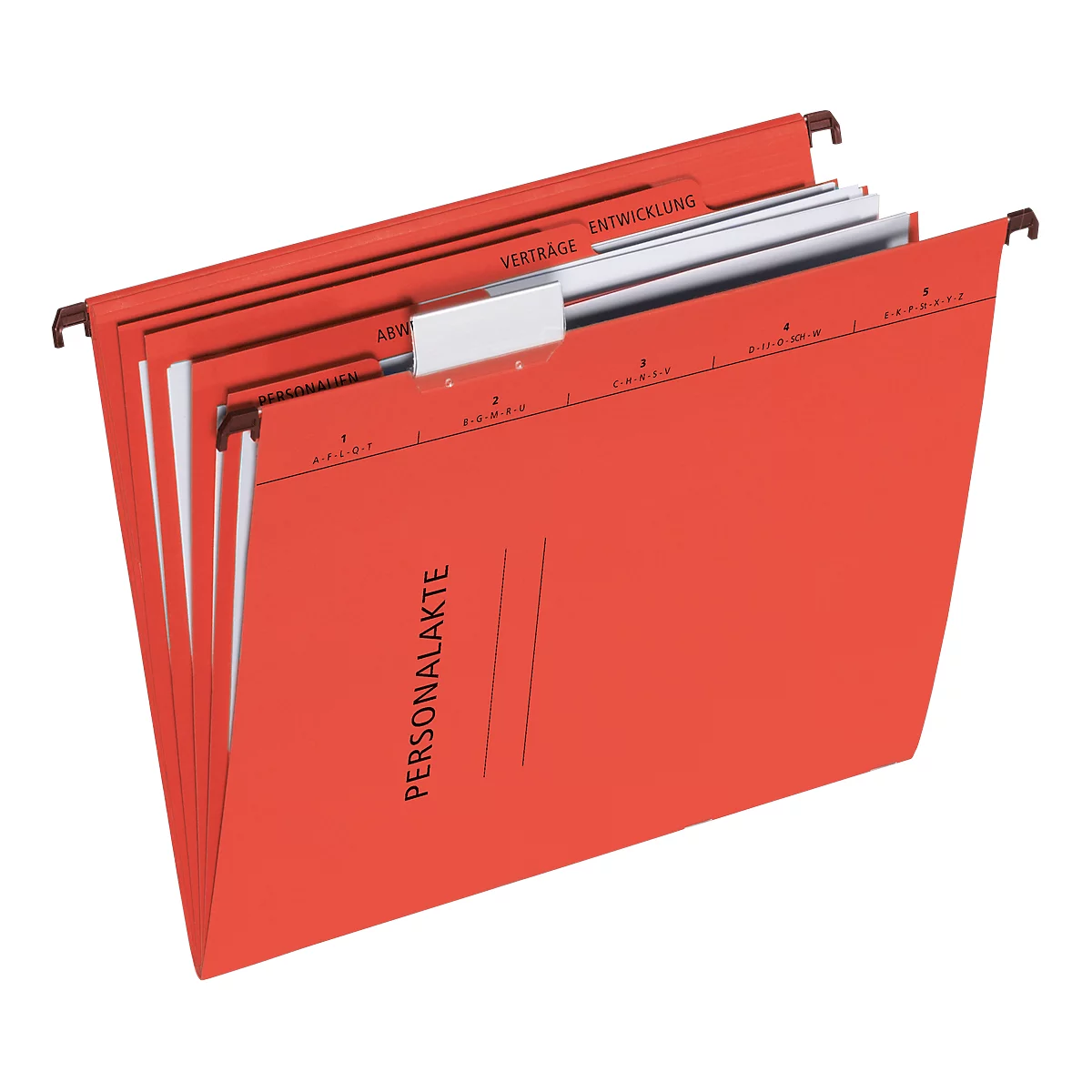 Red cardboard hanging file labeled PERSONNEL FILES. Brown holders at the top with the labels CONTRACTS, DEVELOPMENT.