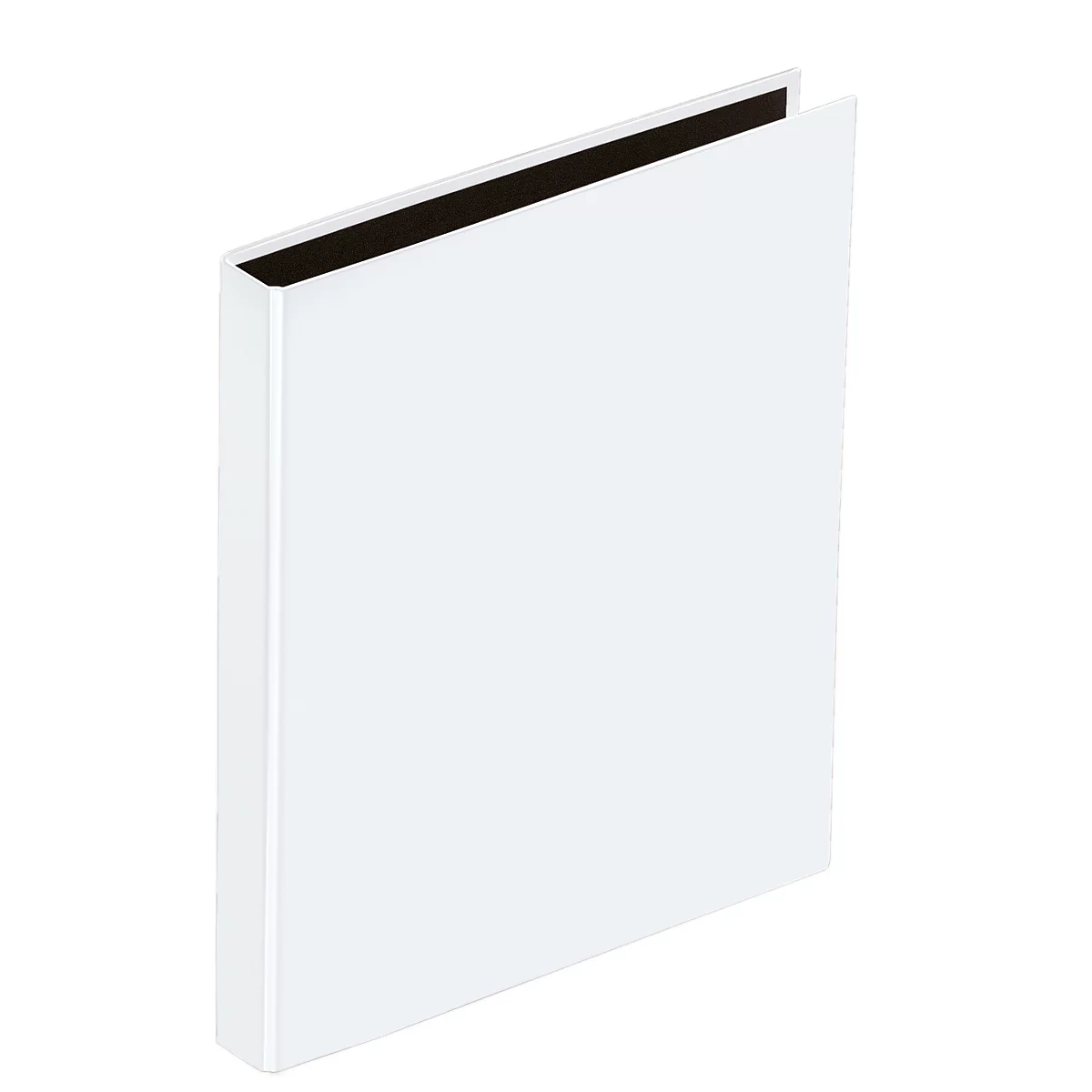 Een wit boek of map, iets van bovenaf gezien. Zwarte rug onthult de binnenkant van het boek.