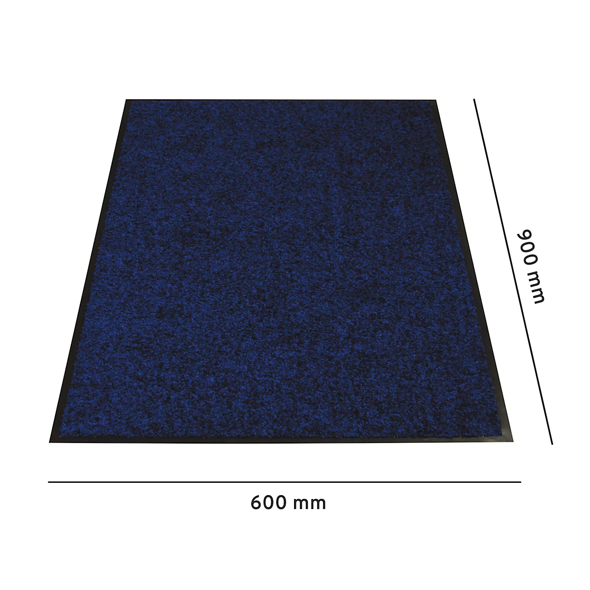 Paillasson bleu avec bords noirs. Dimensions : 600 x 900 mm. Surface structurée.