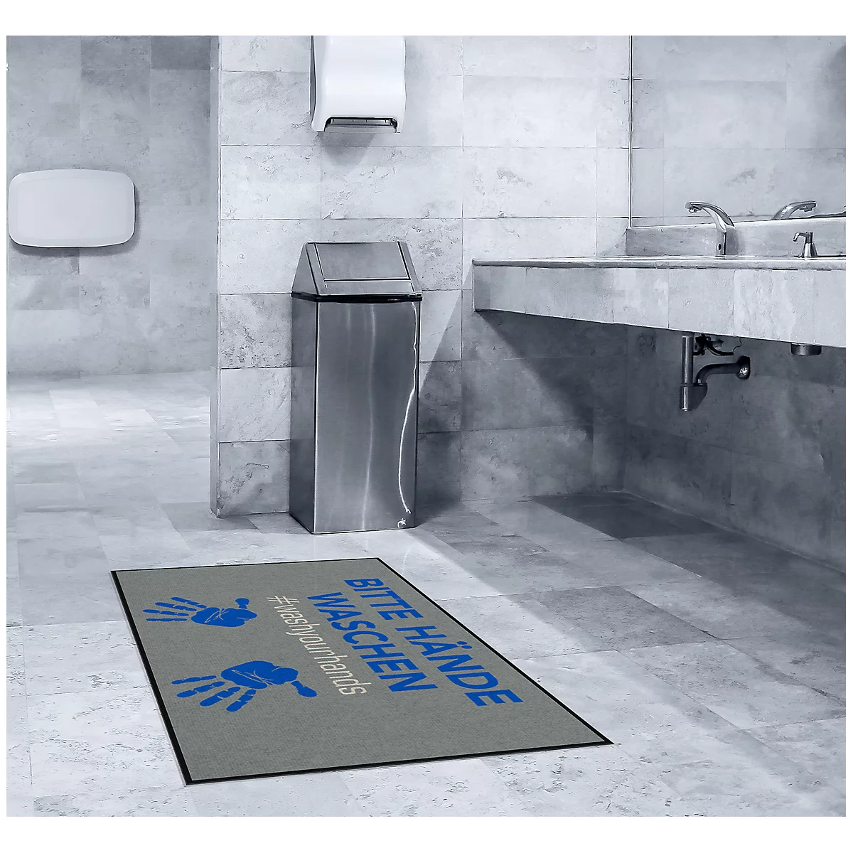 Paillasson Bitte Hände waschen.wash your hands*, polyamide, dos/bords en caoutchouc nitrile, lavable, L 750 x l 1200 mm