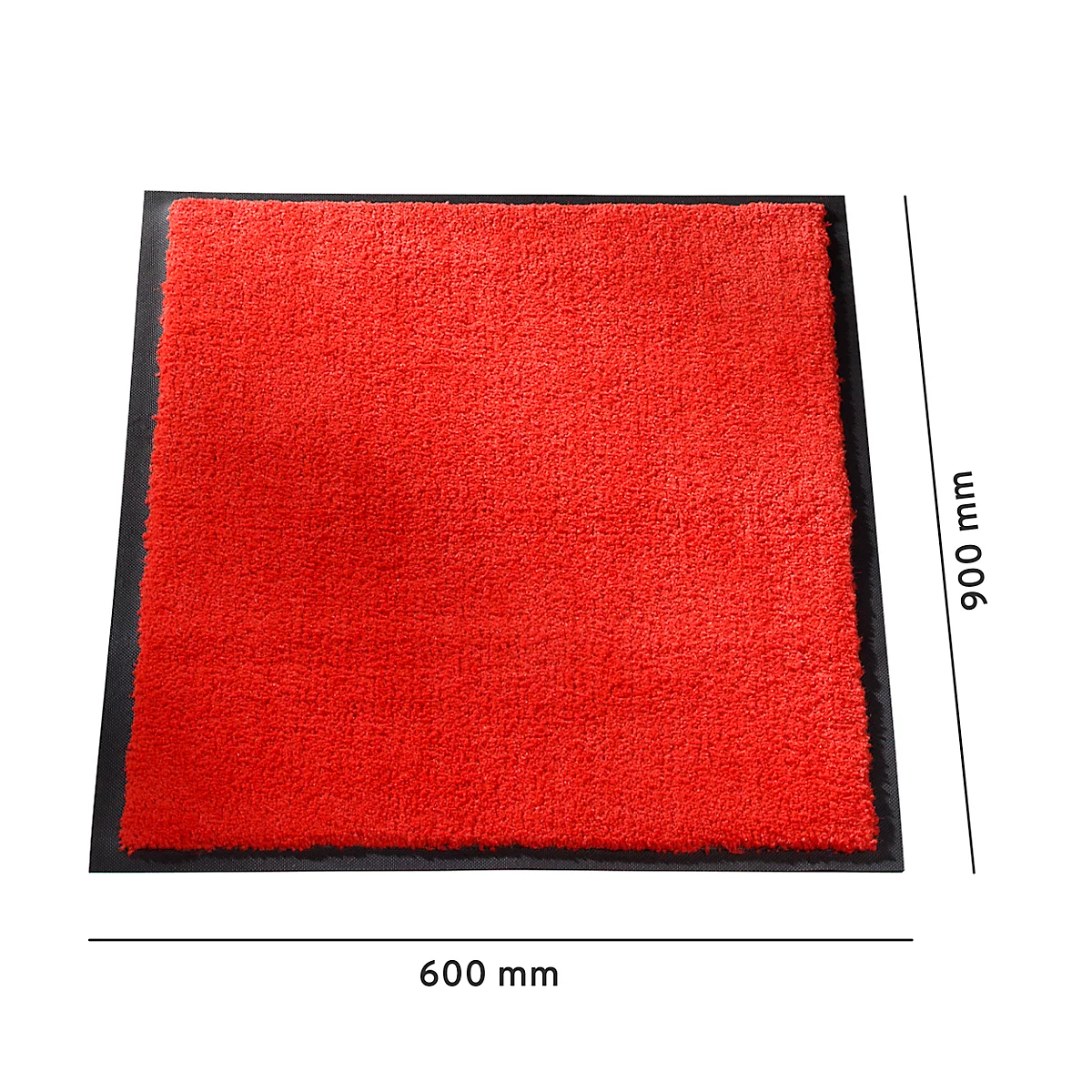 Paillasson rectangulaire rouge avec bordure noire, dimensions : 600 x 900 mm.