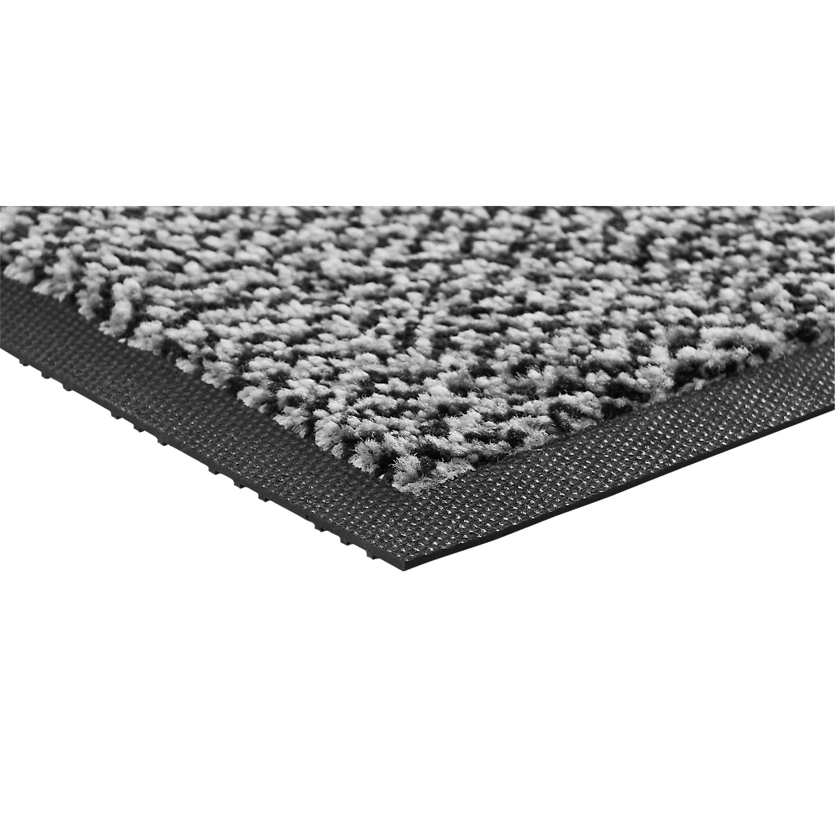 Gros plan d'un paillasson gris avec une bordure en caoutchouc noir.