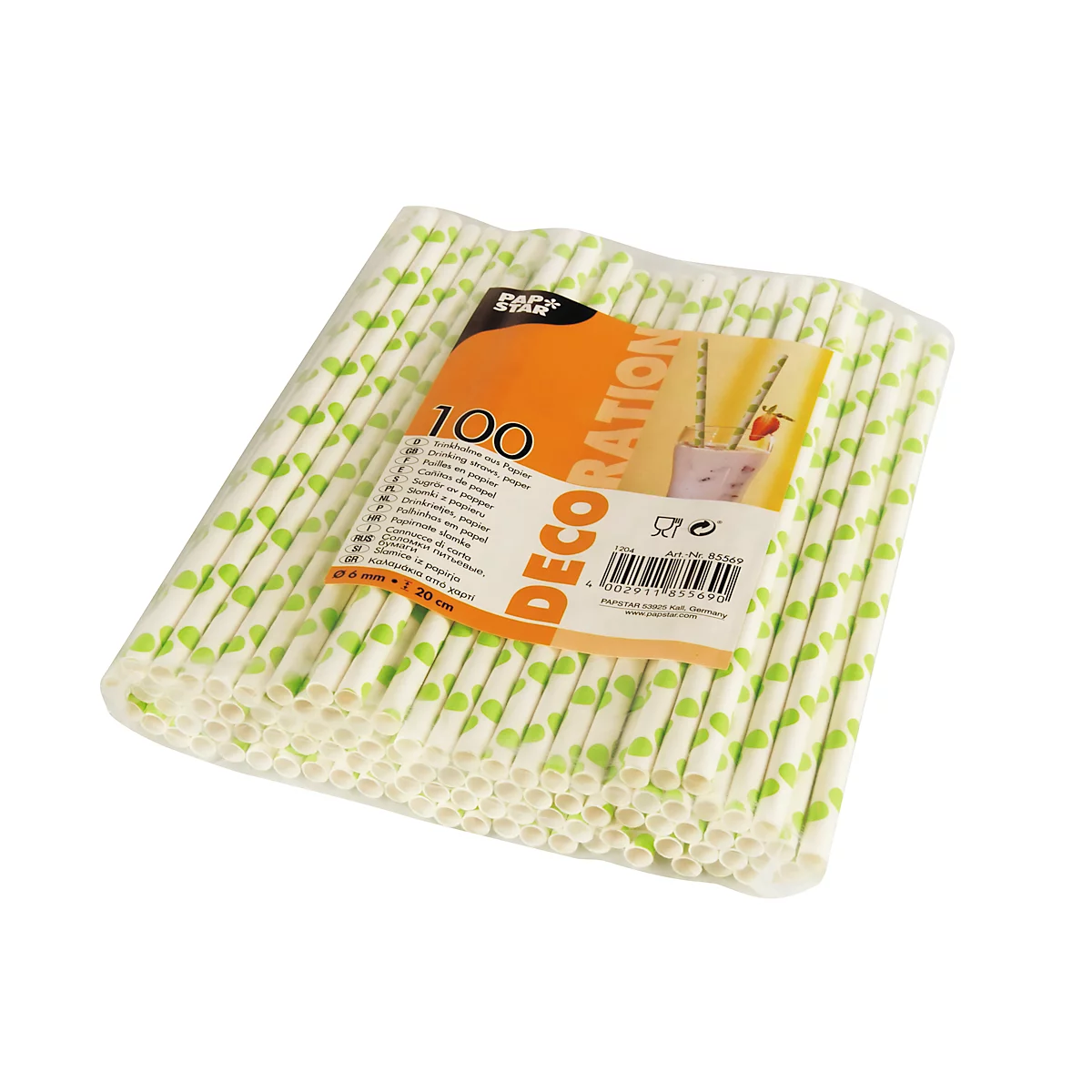 Pailles à boire Papstar Green Dots, jetables, L 200 x Ø 6 mm, en papier certifié FSC®, blanches à pois verts, 100 pièces.