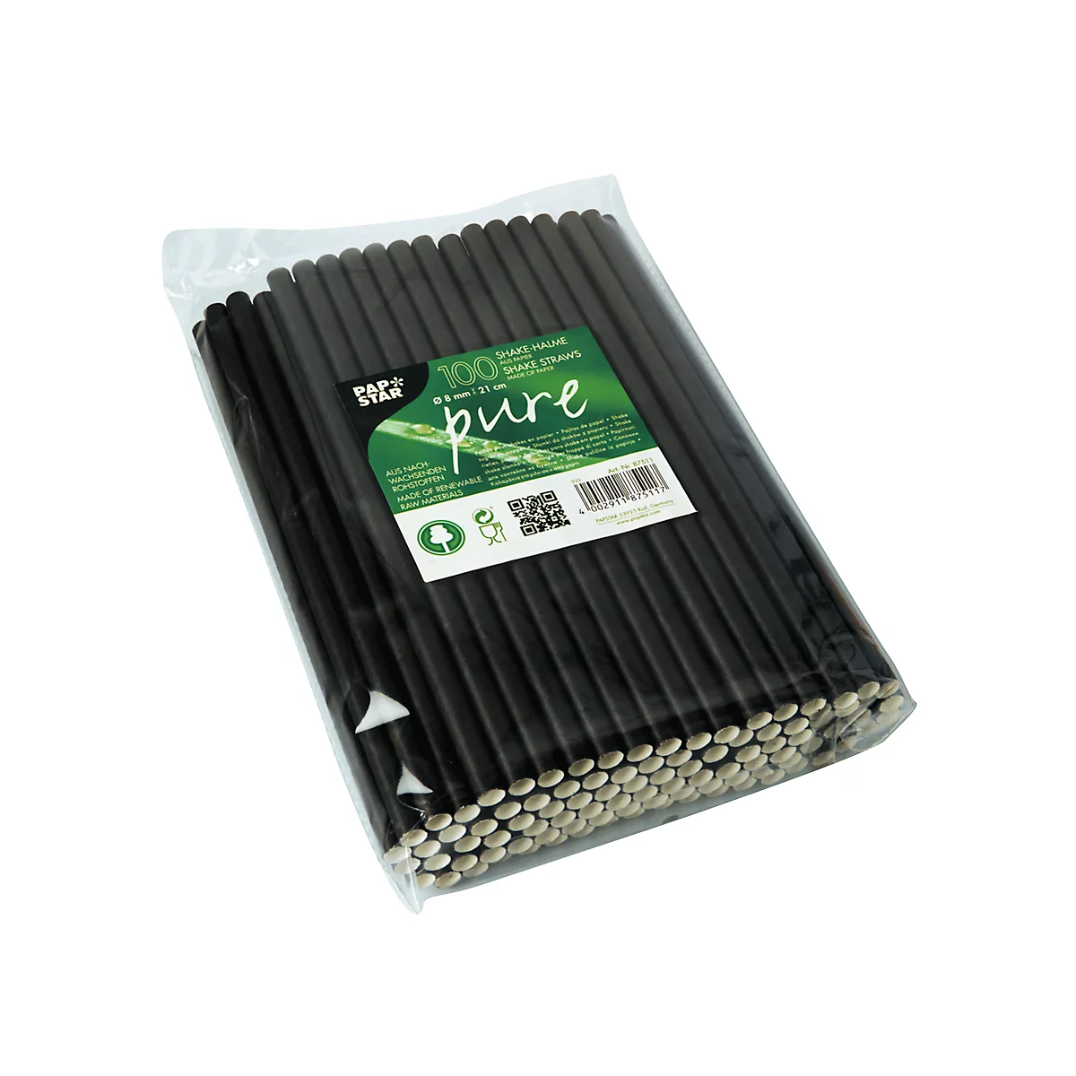 Pailles à boire Papstar, pour milk-shakes, jetables, L 210 x Ø 8 mm, en papier certifié FSC®, noir, 100 pcs.
