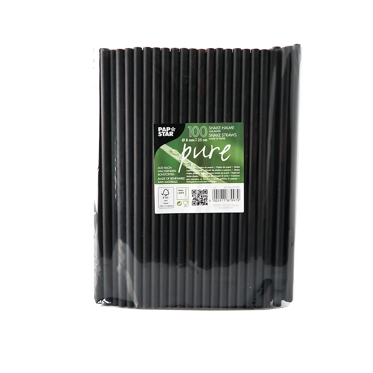Pailles à boire Papstar, pour milk-shakes, jetables, L 250 x Ø 8 mm, en papier certifié FSC®, noir, 100 pcs.