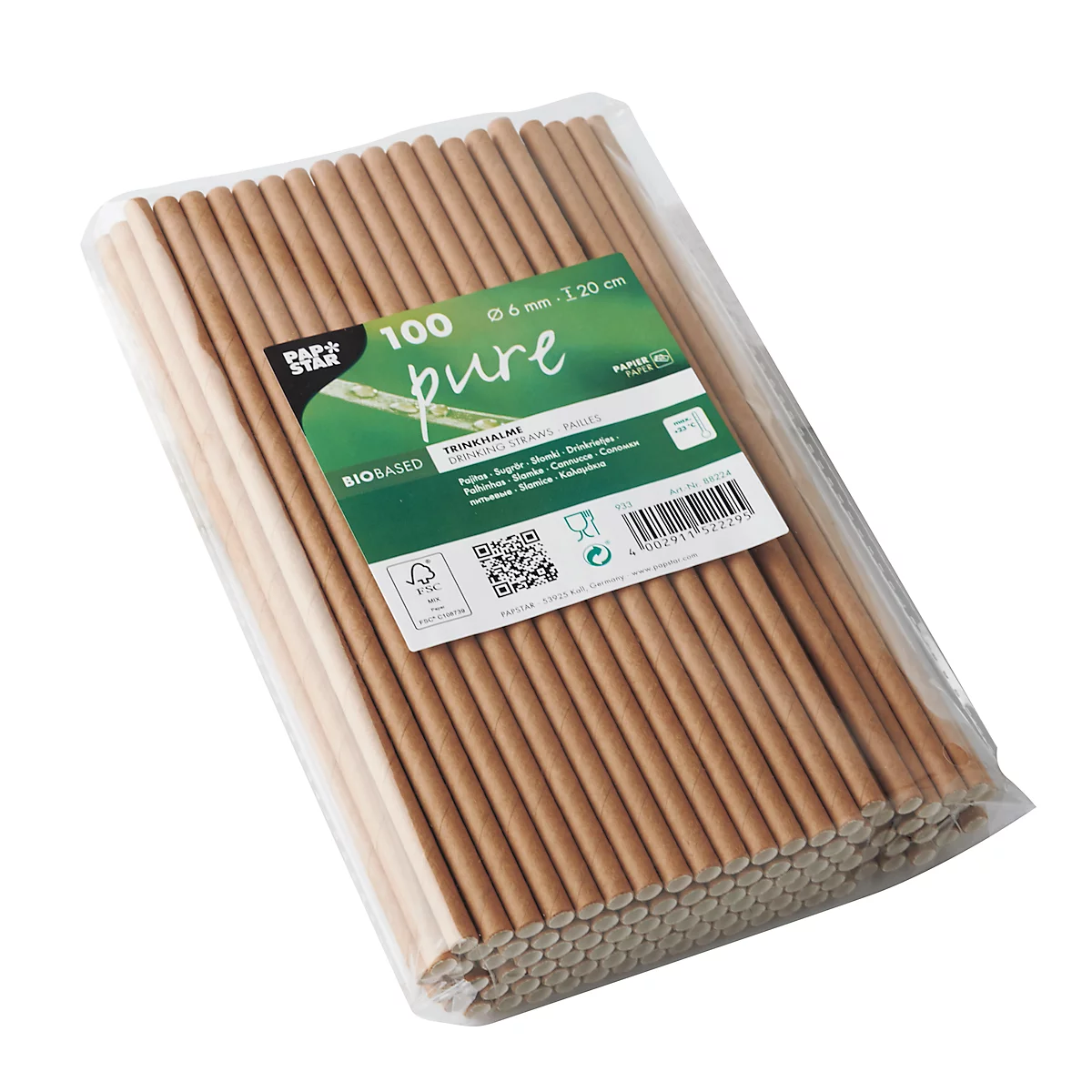 Pailles à boire Papstar Pure, jetables, L 200 x Ø 6 mm, en papier certifié FSC®, brun-uni, 100 pièces.