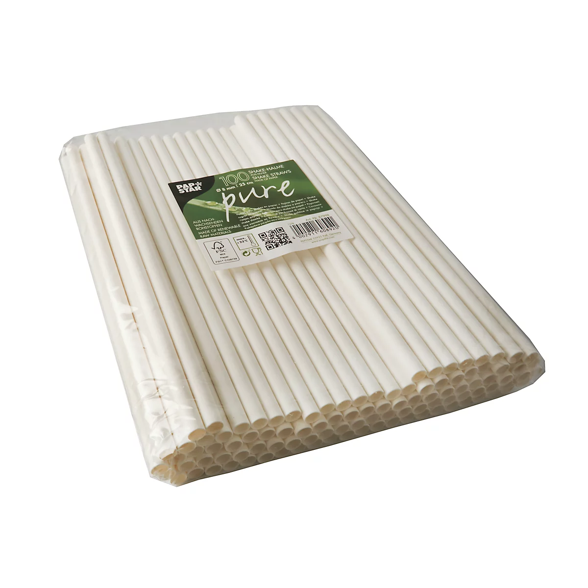 Pailles à boire Papstar Pure, pour milk-shakes, jetables, L 250 x Ø 8 mm, en papier certifié FSC®, blanc, 100 pièces.