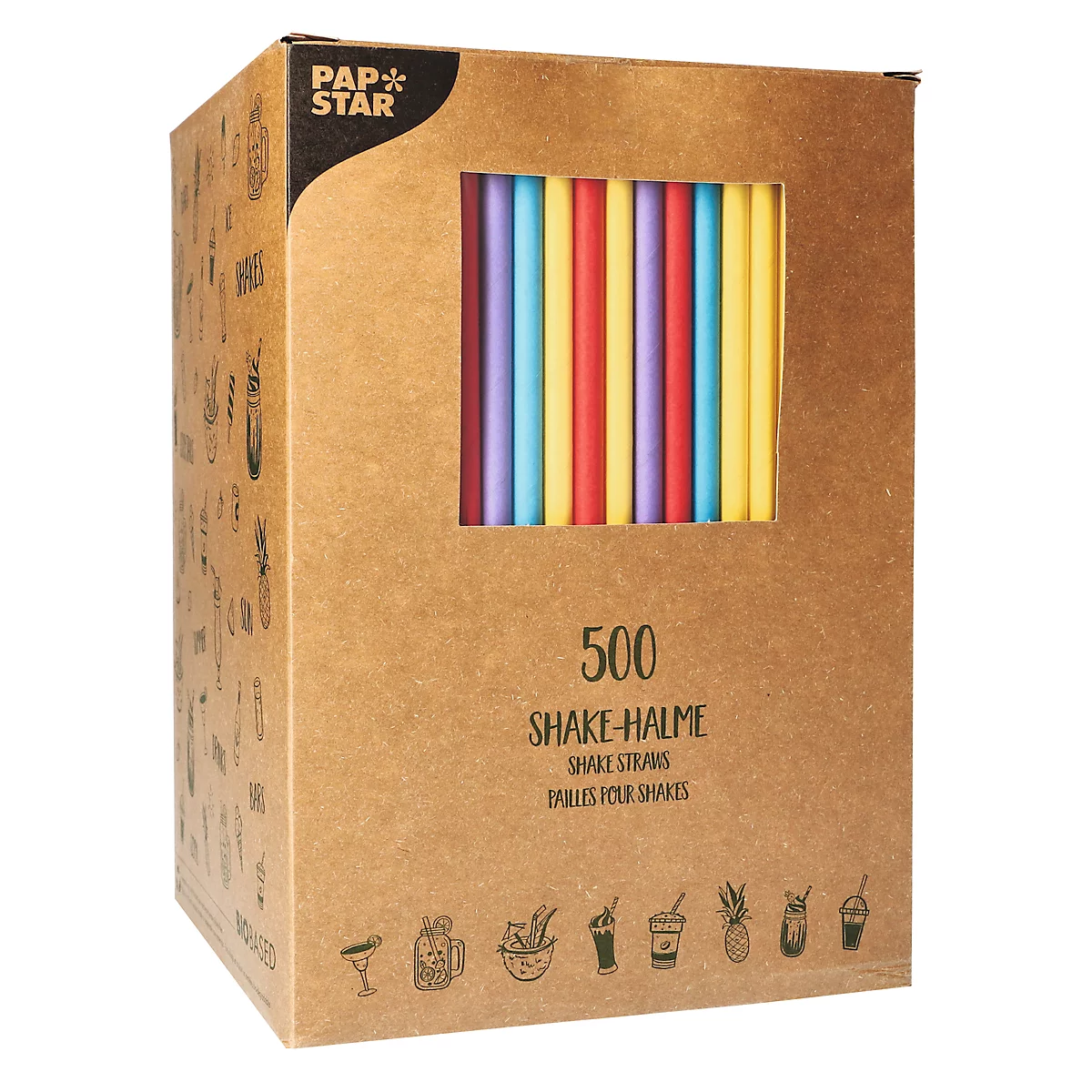 Pailles à boire Papstar Pure, pour milk-shakes, jetables, L 250 x Ø 8 mm, en papier certifié FSC®, couleurs assorties, 500 pièces.