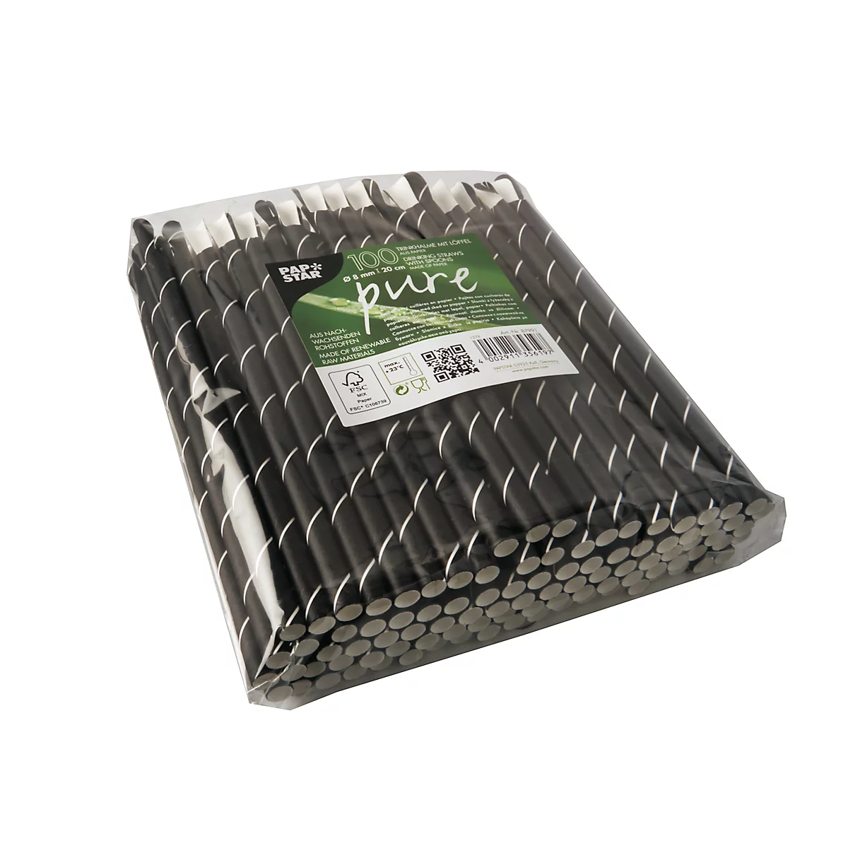 Pailles à boire Papstar Stripes, avec cuillère, jetables, L 200 x Ø 8 mm, en papier certifié FSC®, noir-blanc, 100 pcs.