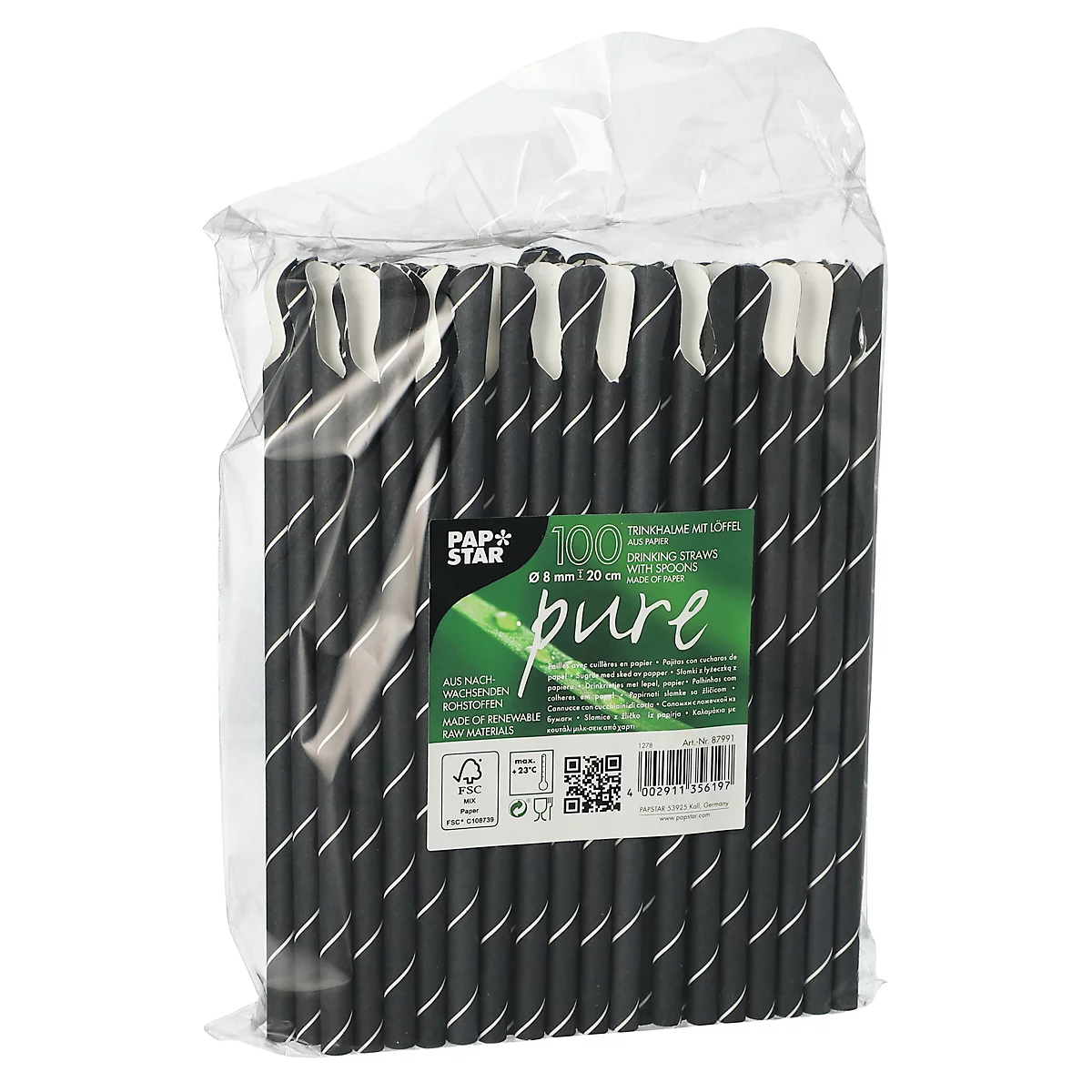 Pailles à boire Papstar Stripes, avec cuillère, jetables, L 200 x Ø 8 mm, en papier certifié FSC®, noir-blanc, 100 pcs.