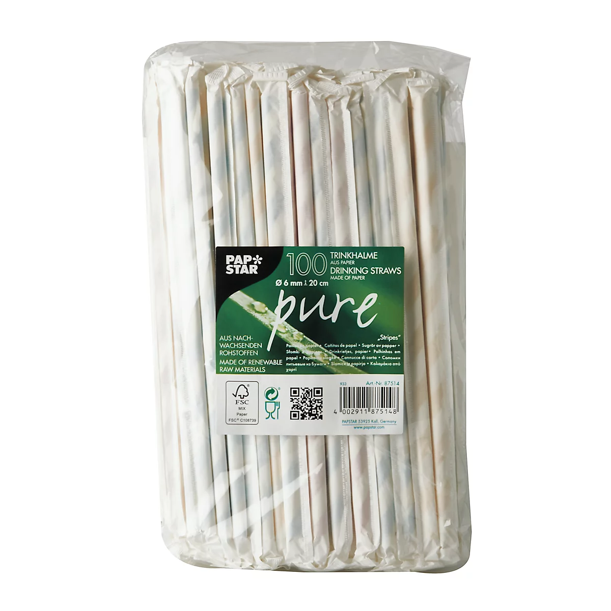 Pailles à boire Papstar Stripes, jetables, L 200 x Ø 6 mm, emballées individuellement, en papier certifié FSC®, couleurs assorties, 100 pcs.