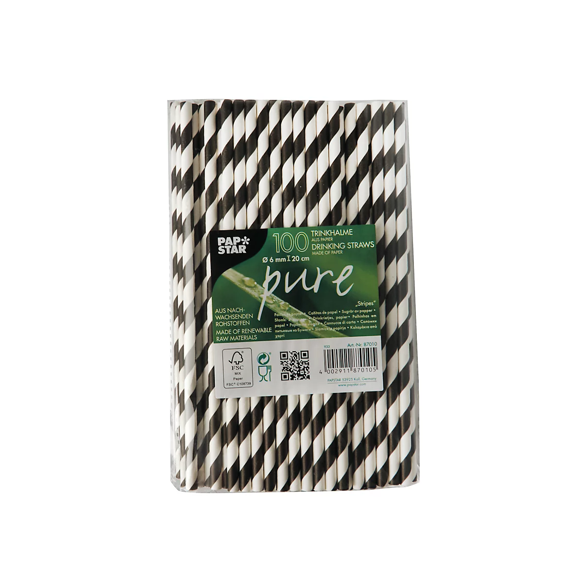 Pailles à boire Papstar Stripes, jetables, L 200 x Ø 6 mm, en papier certifié FSC®, noir et blanc, 100 pièces.