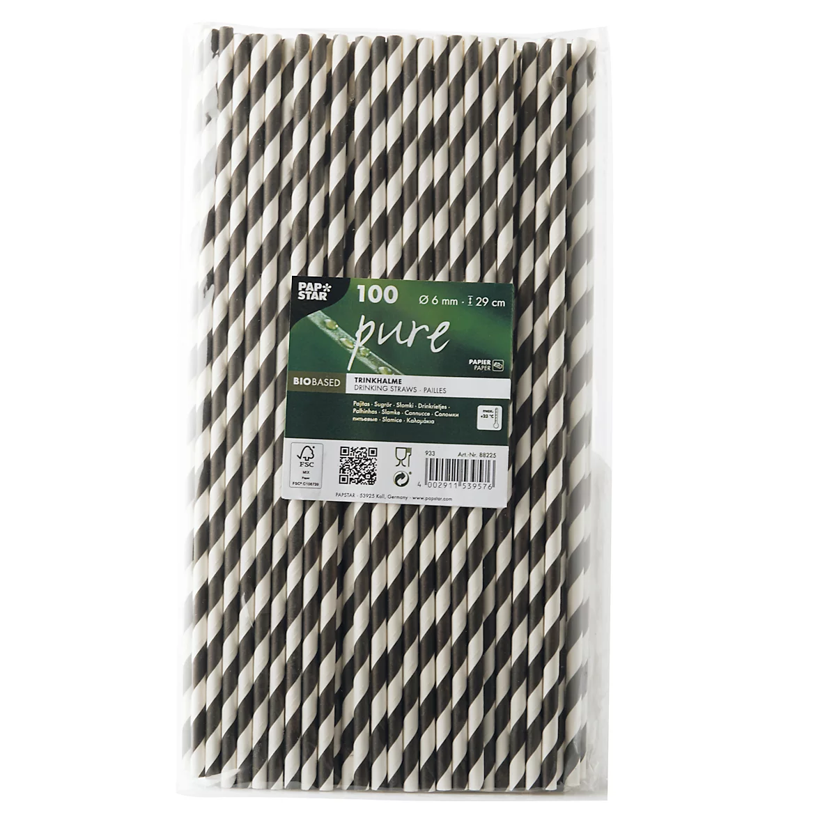 Pailles à boire Papstar Stripes, jetables, L 290 x Ø 6 mm, en papier certifié FSC®, noir et blanc, 100 pièces.