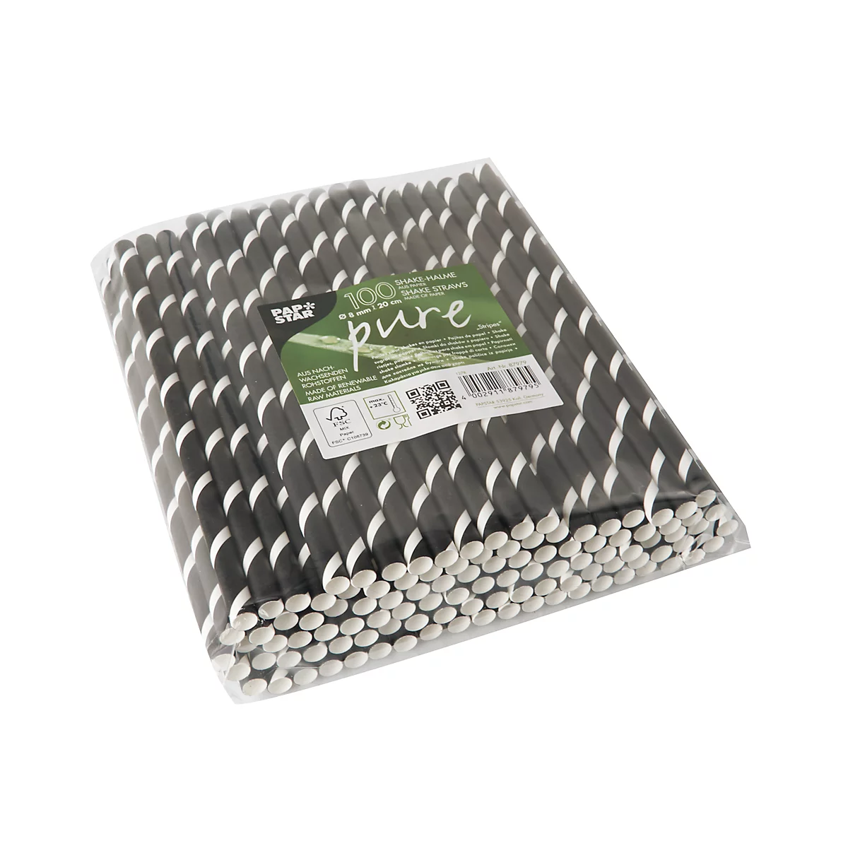 Pailles à boire Papstar Stripes, pour milk-shakes, jetables, L 200 x Ø 8 mm, en papier certifié FSC®, noir-blanc, 100 pcs.