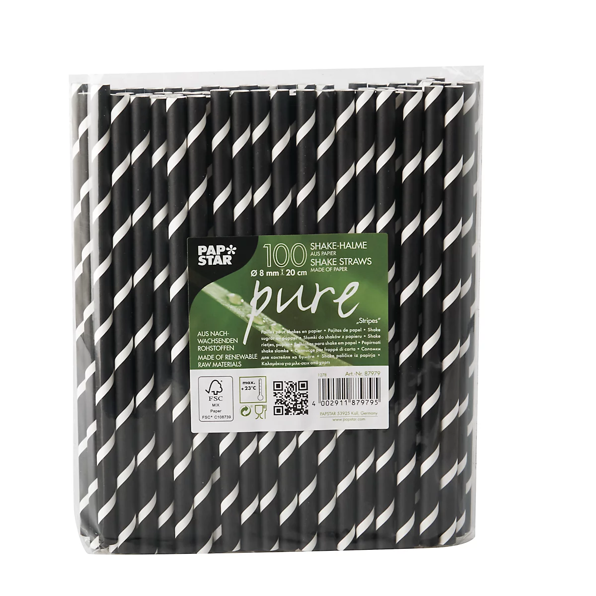 Pailles à boire Papstar Stripes, pour milk-shakes, jetables, L 200 x Ø 8 mm, en papier certifié FSC®, noir-blanc, 100 pcs.