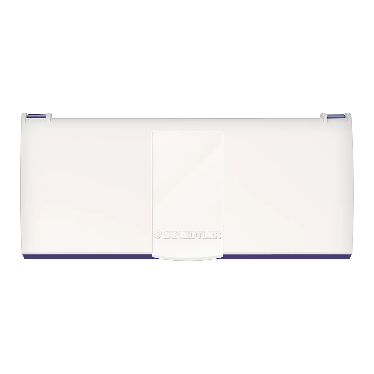 White pencil case with purple line at the bottom. A rectangle in the middle with Staedtler logo.