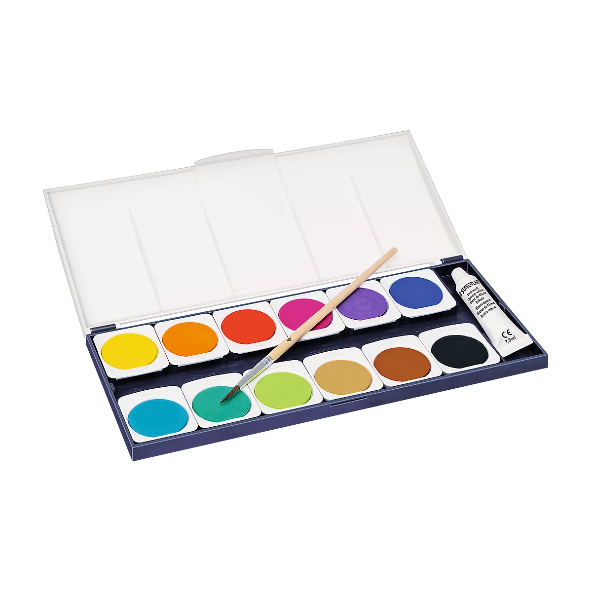 Watercolor paint set with brush and tube of color. Opened blue box with 12 paint pans in different colors.