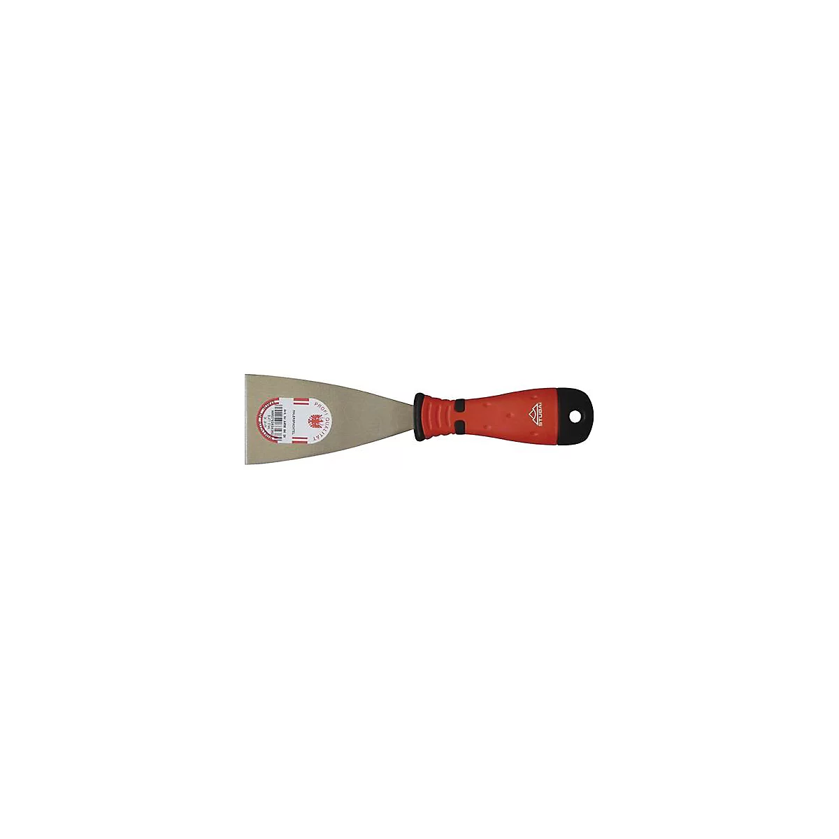 A spatula with a red handle, stamps, Austrian flag and sticker with text.