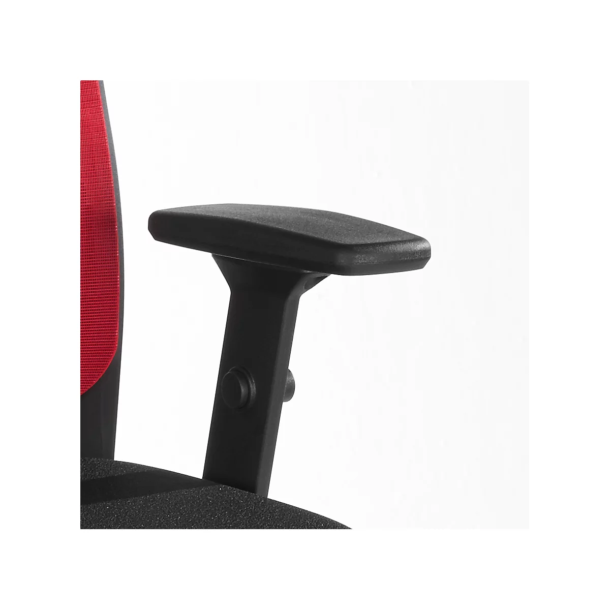 Close-up of a black armrest on an office chair. Red fabric is visible in the background.