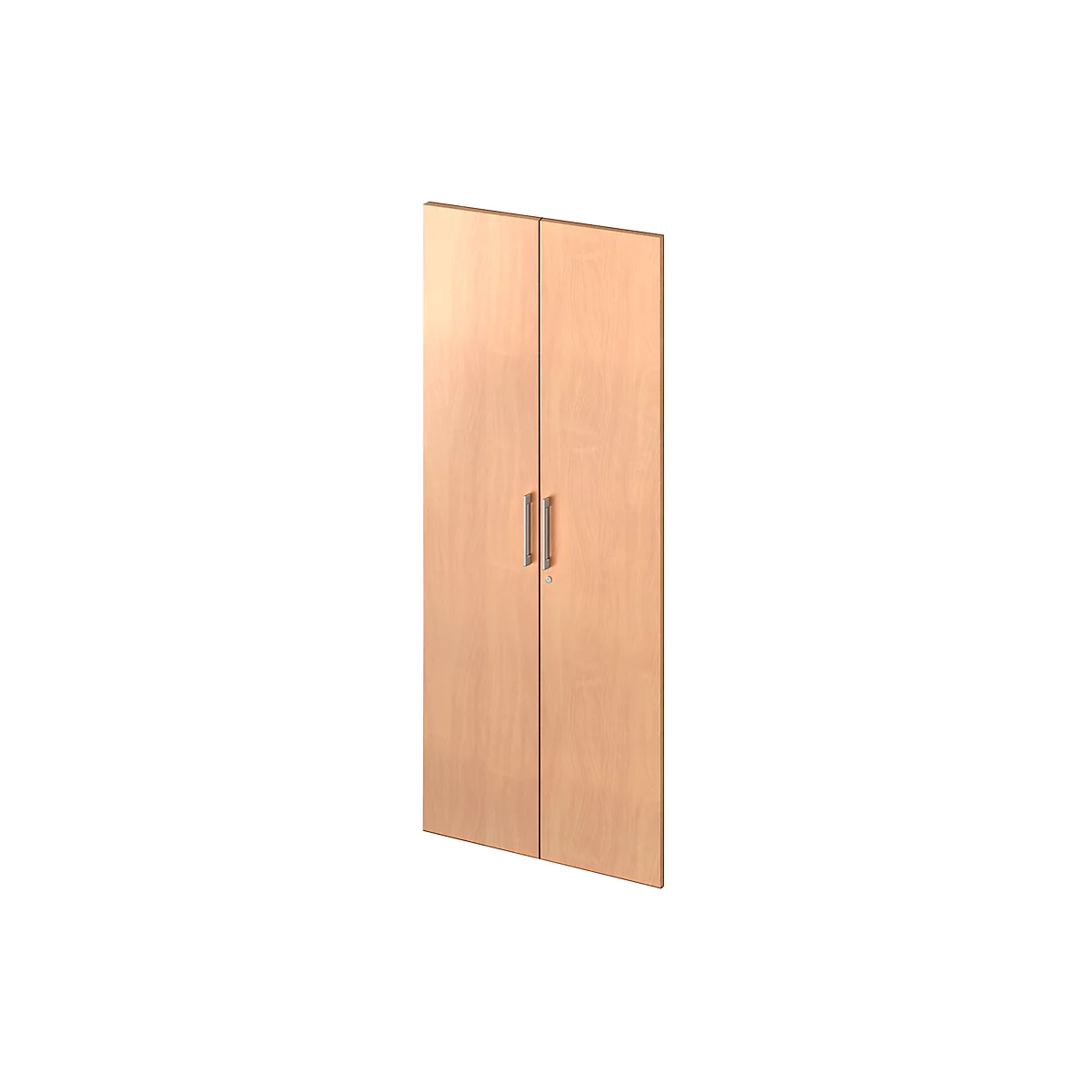 A cabinet with light brown doors. The doors are closed and have silver handles.