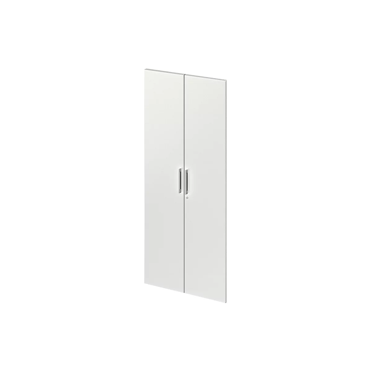 White cabinet doors with vertical, silver handles.