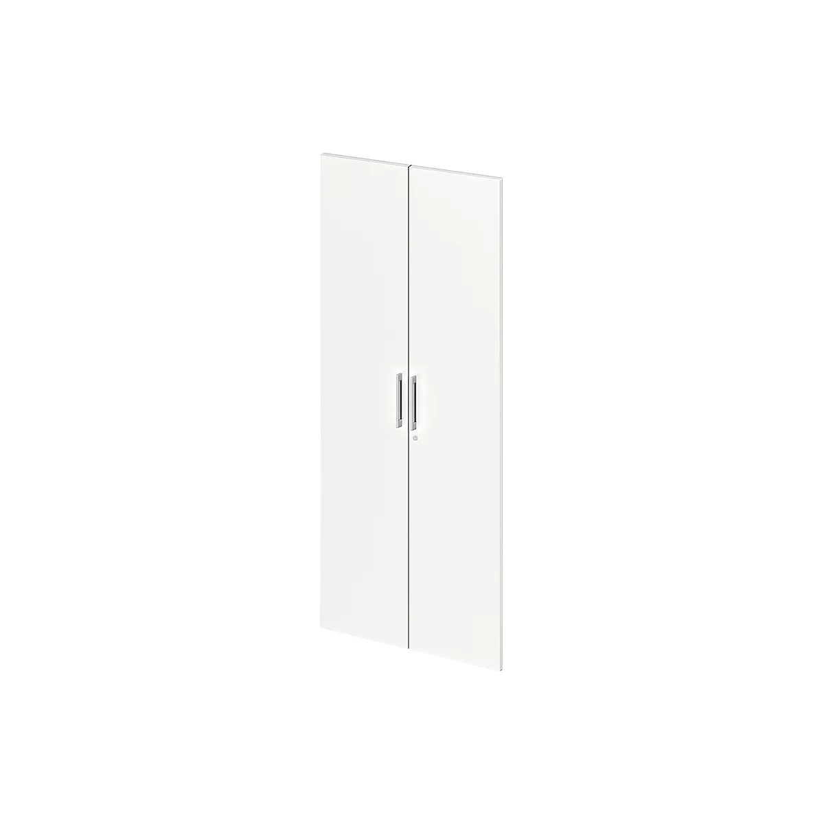 White cabinet doors with silver handles. One door is slightly open.