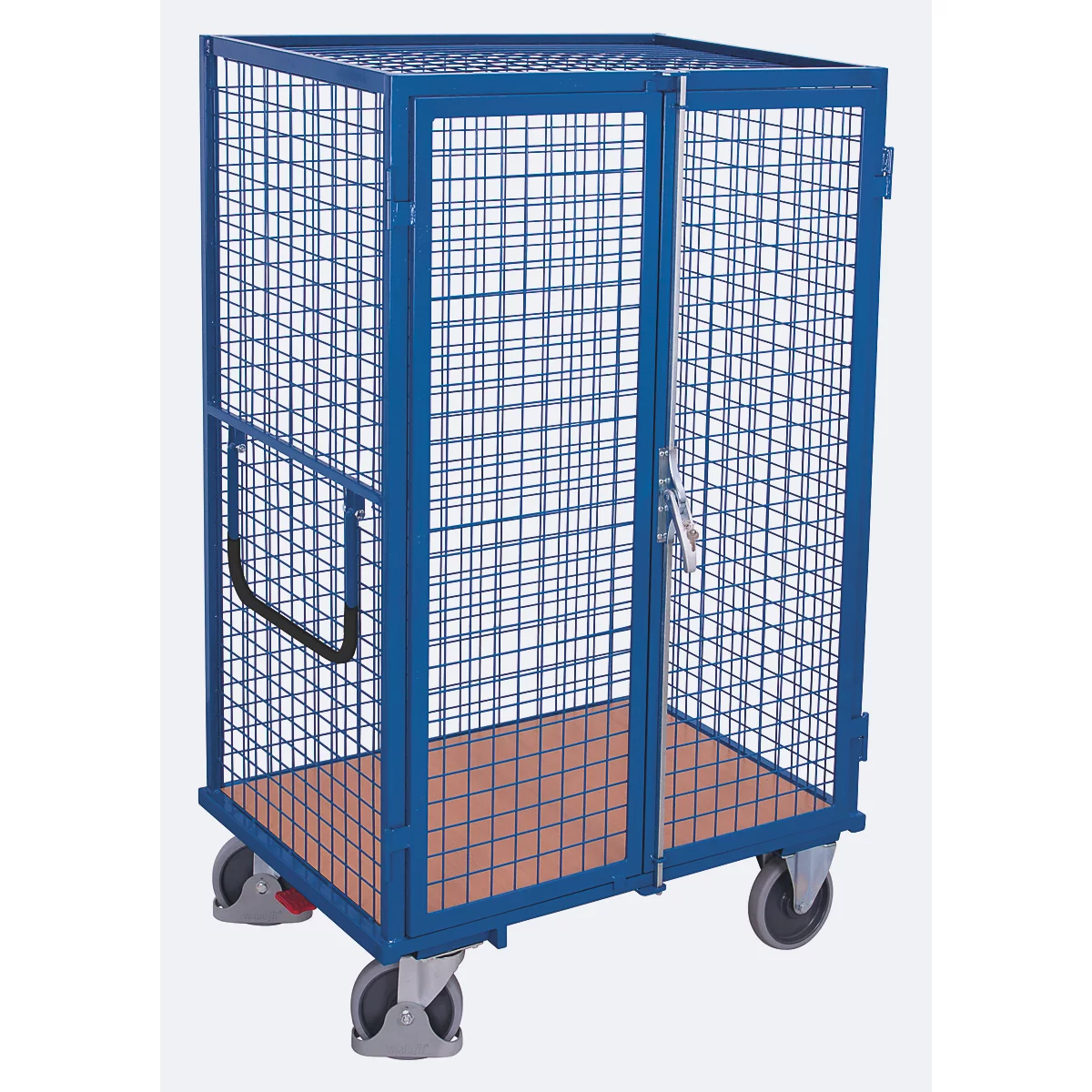 Paketwagen, Stahl/MDF-Platte, Enzianblau/Buche-Dekor, 1 Etage, 1245 x 785 mm, Dach und Doppelflügeltür, abschließbar, EasySTOP, bis 500 kg