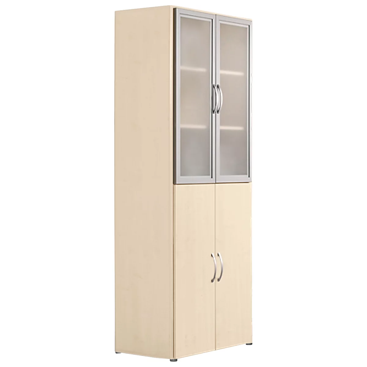 Tall, cream-colored cabinet with glass display cabinet on top and two doors below, silver handles.