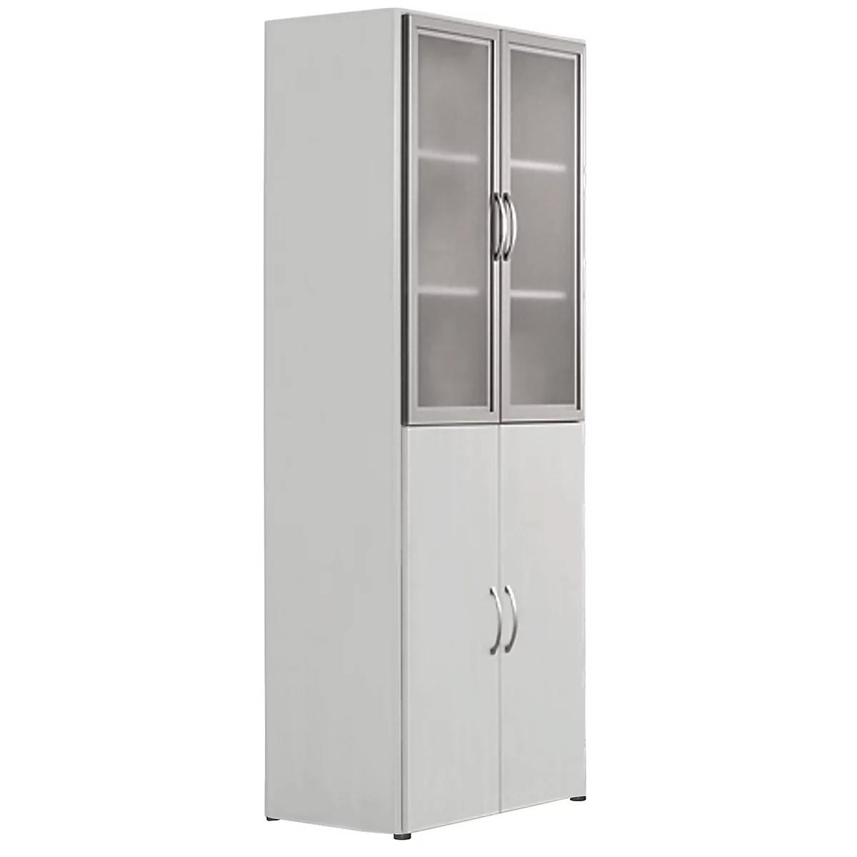 White cabinet with glass doors, silver handles, and metal frame.