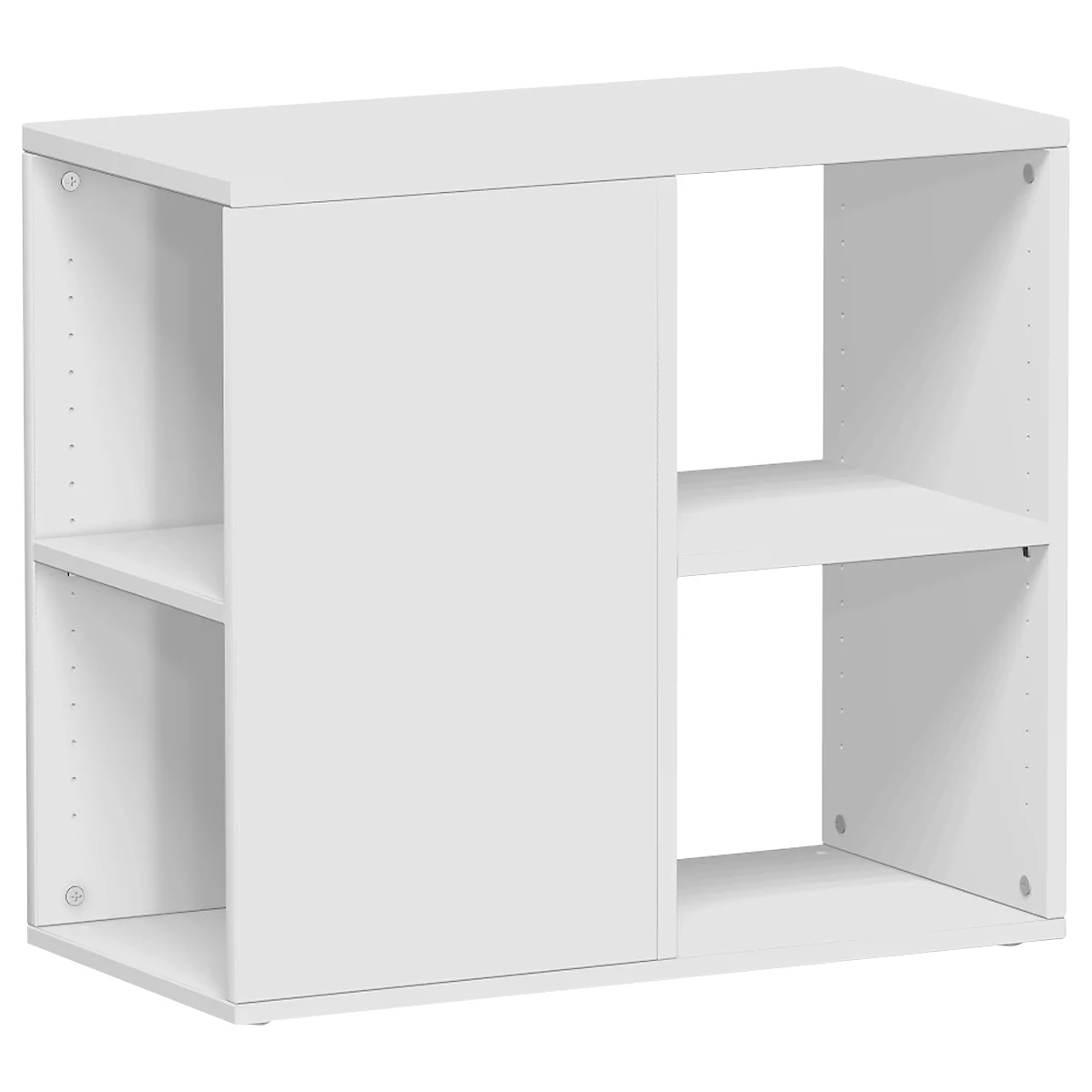 White bookcase consisting of two shelves, one of which is covered by a sliding door.