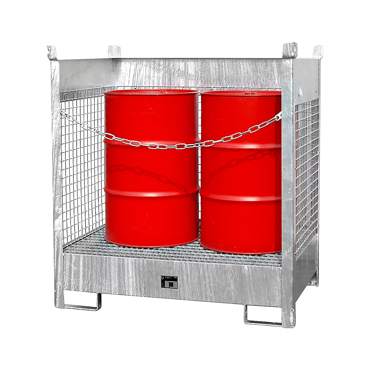 Palet apilable para barriles Bauer FSP-2 D, paredes de rejilla de alambre, para 2 barriles de 200 l, galvanizado