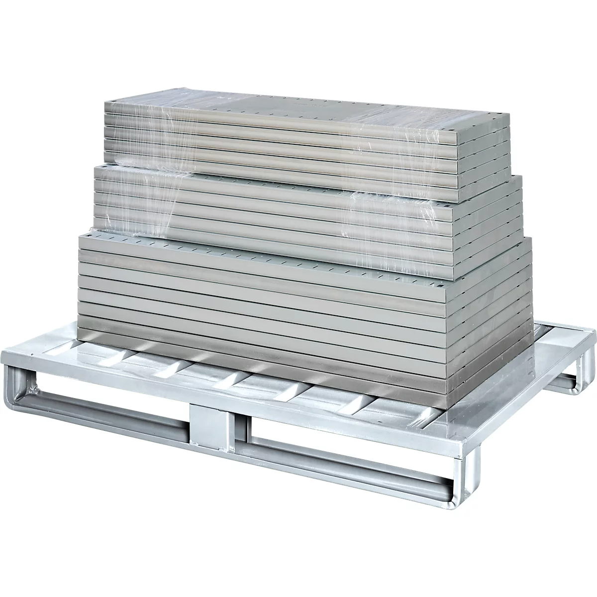 Palette plate en acier, dimensions européennes, jusqu'à 1500 kg, plateau supérieur fermé, 2 patins en acier, L 1200 x l 800 x H 130 mm, acier galvanisé