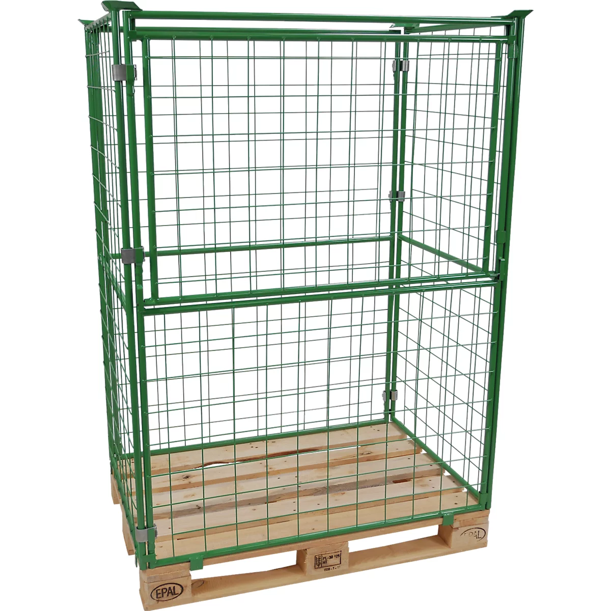 Grüner Gitterkäfig auf einer Holzpalette, die Rückwand und eine Tür sind geöffnet.