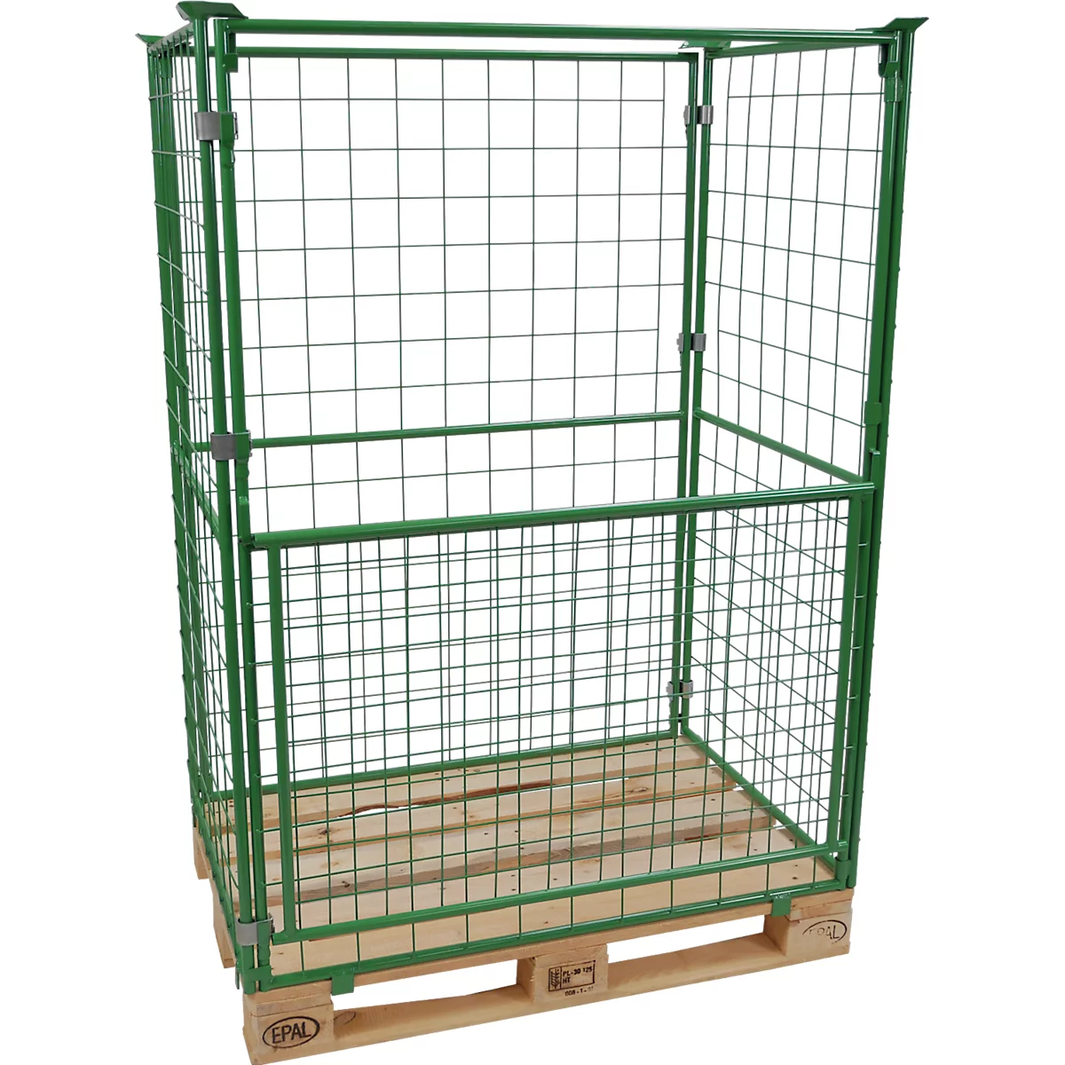 Grüne Metallgitterbox auf einer Holzpalette. Der Käfig hat eine rechteckige Form mit Gitternetzwänden und -türen.