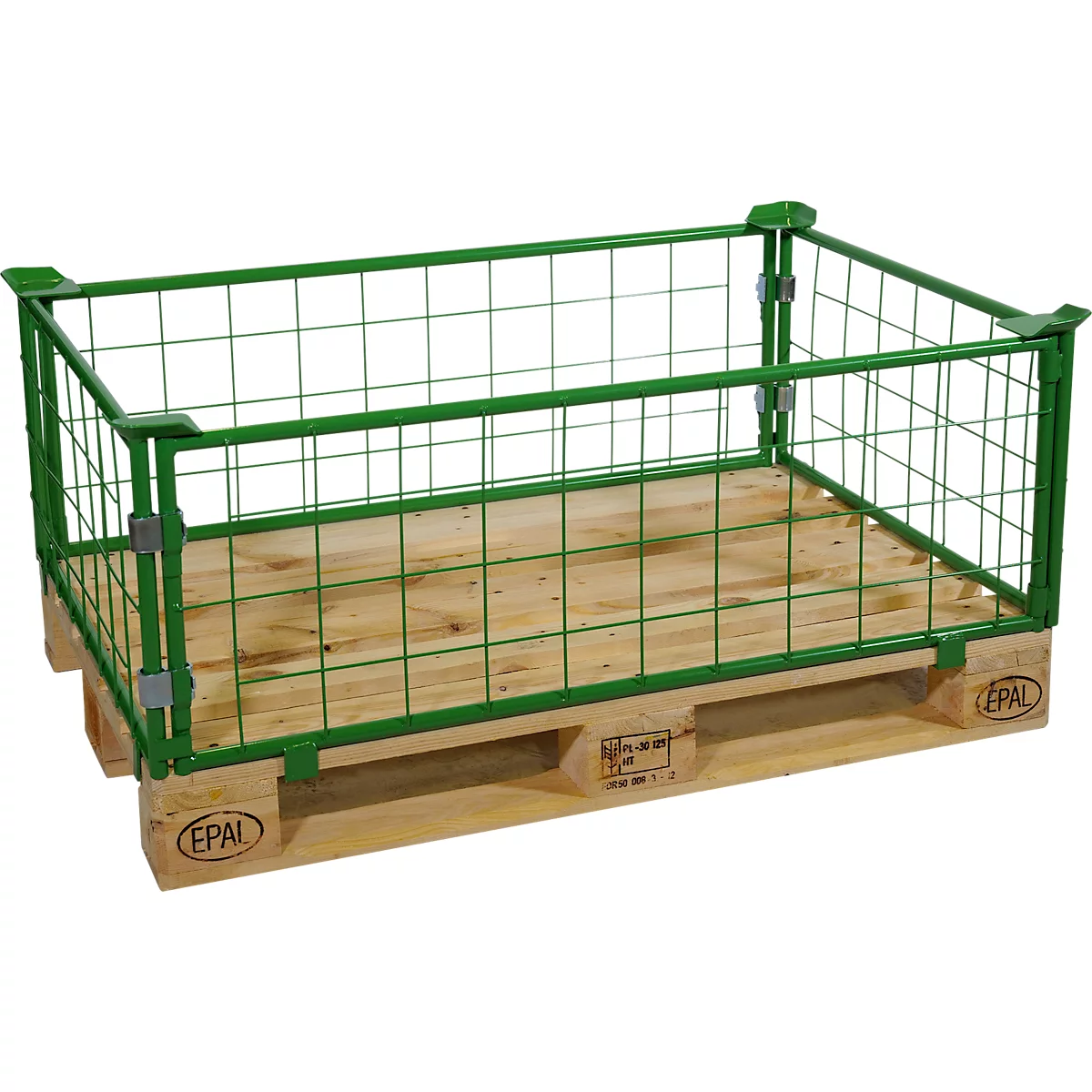 Grüne Gitterbox auf einer Holzpalette, die zum Transport von Waren verwendet wird.