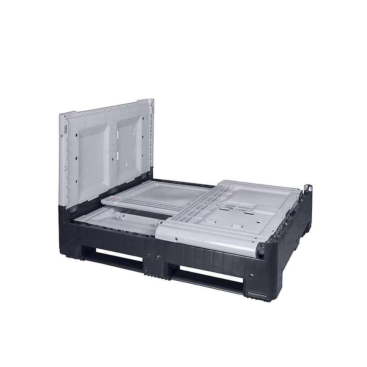 Palettenbox Big Box 670 l, B 1200 x T 1000 x H 800 mm, geschlossen, klappbar, silbergrau, 3 Kufen