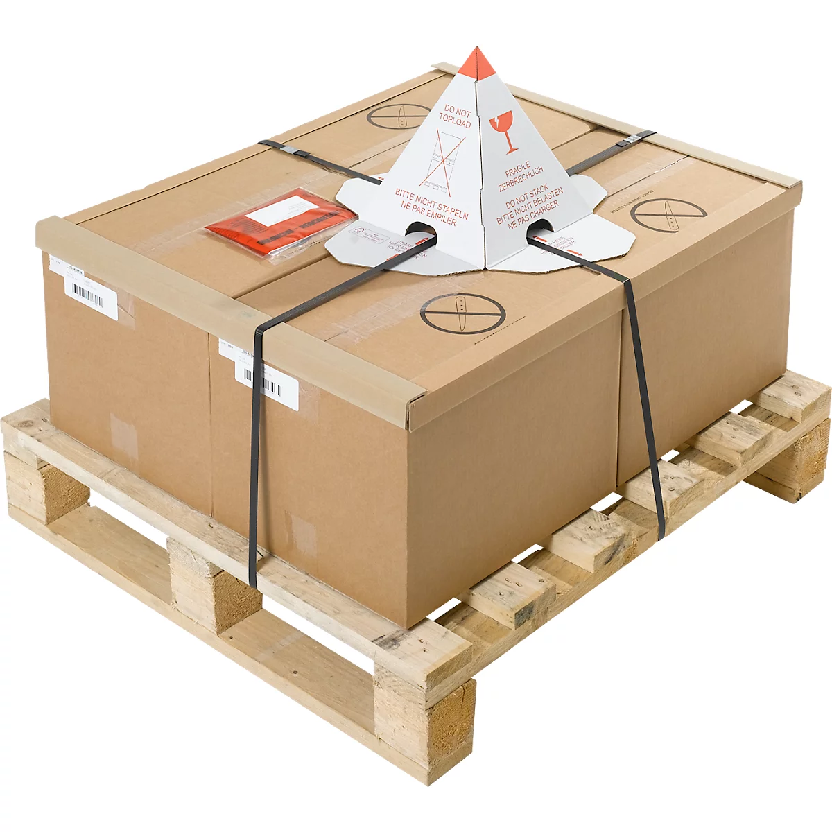 Palettes Vertmarie®, effet 3D, impression d'avertissement en plusieurs langues, bandes autocollantes, 100 % recyclable, carton ondulé FSC®, blanc-rouge, 25 pièces