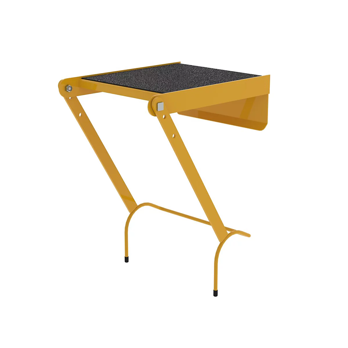 Marchepied pliable jaune sur fond blanc. Plate-forme supérieure avec surface noire antidérapante.