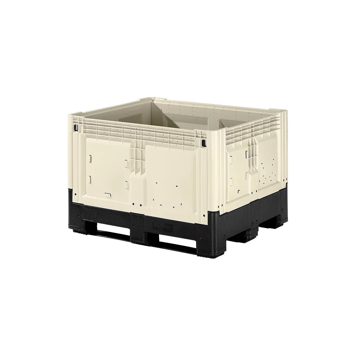 Beige plastic container with black pallet; sidewalls with rectangular openings.