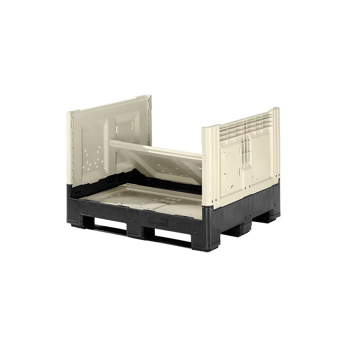 Beige and black pallet box, open, with side walls folded up. Black pallet, beige walls.