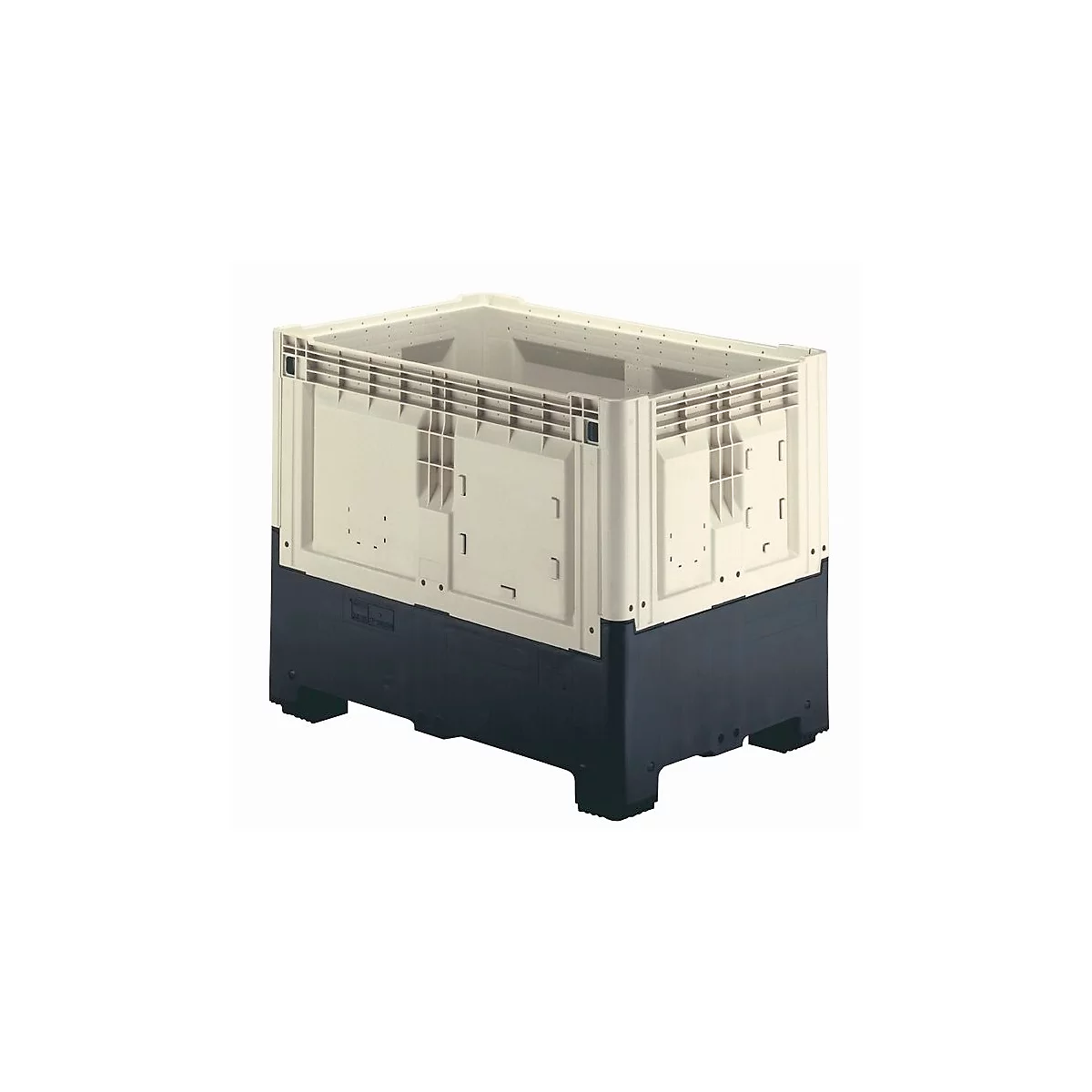 Beige and black plastic box for transport and storage, rectangular shape.