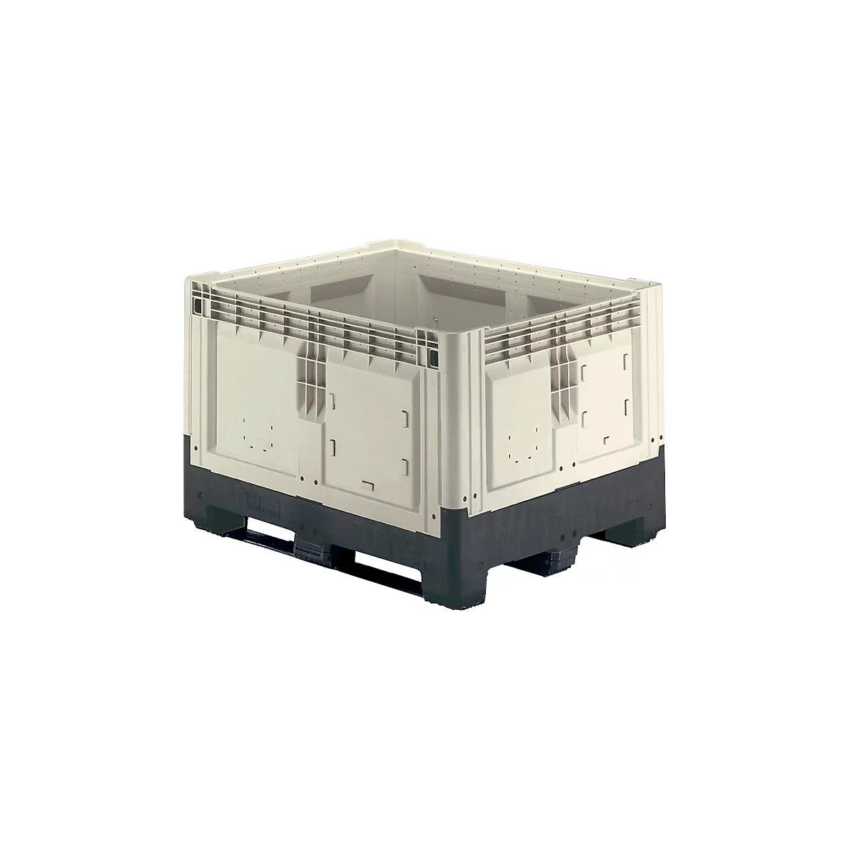 A large, beige plastic box on a black pallet, for transporting goods.