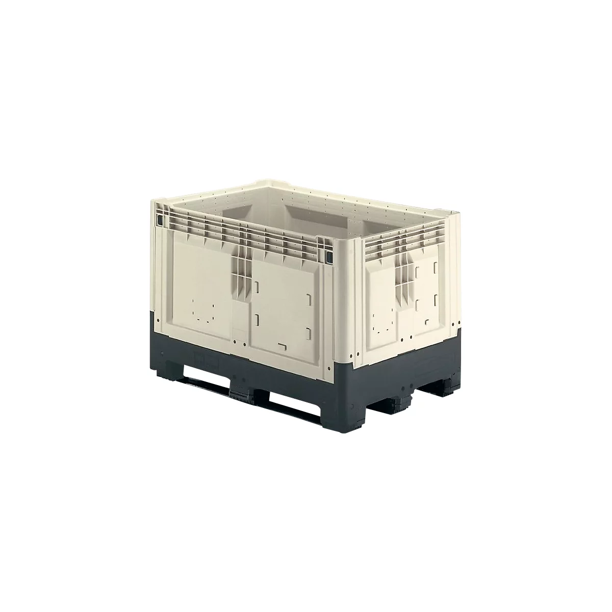 Beige plastic storage container on black pallet. Sides with rectangular cutouts and handles.