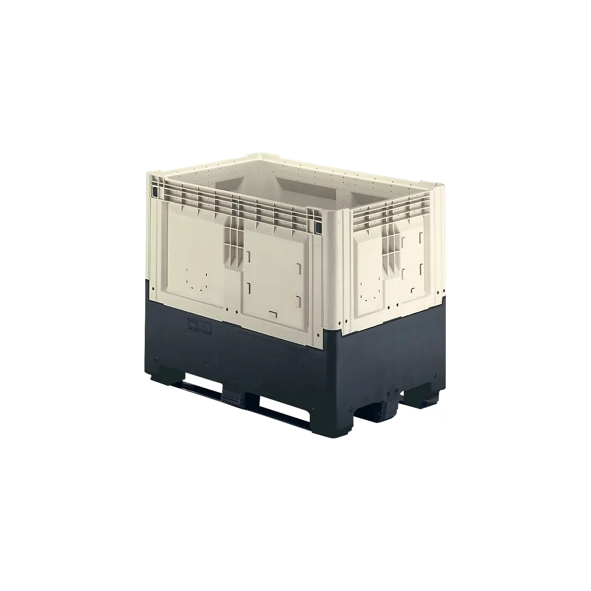 Beige plastic container on black pallet, for storage and transport.