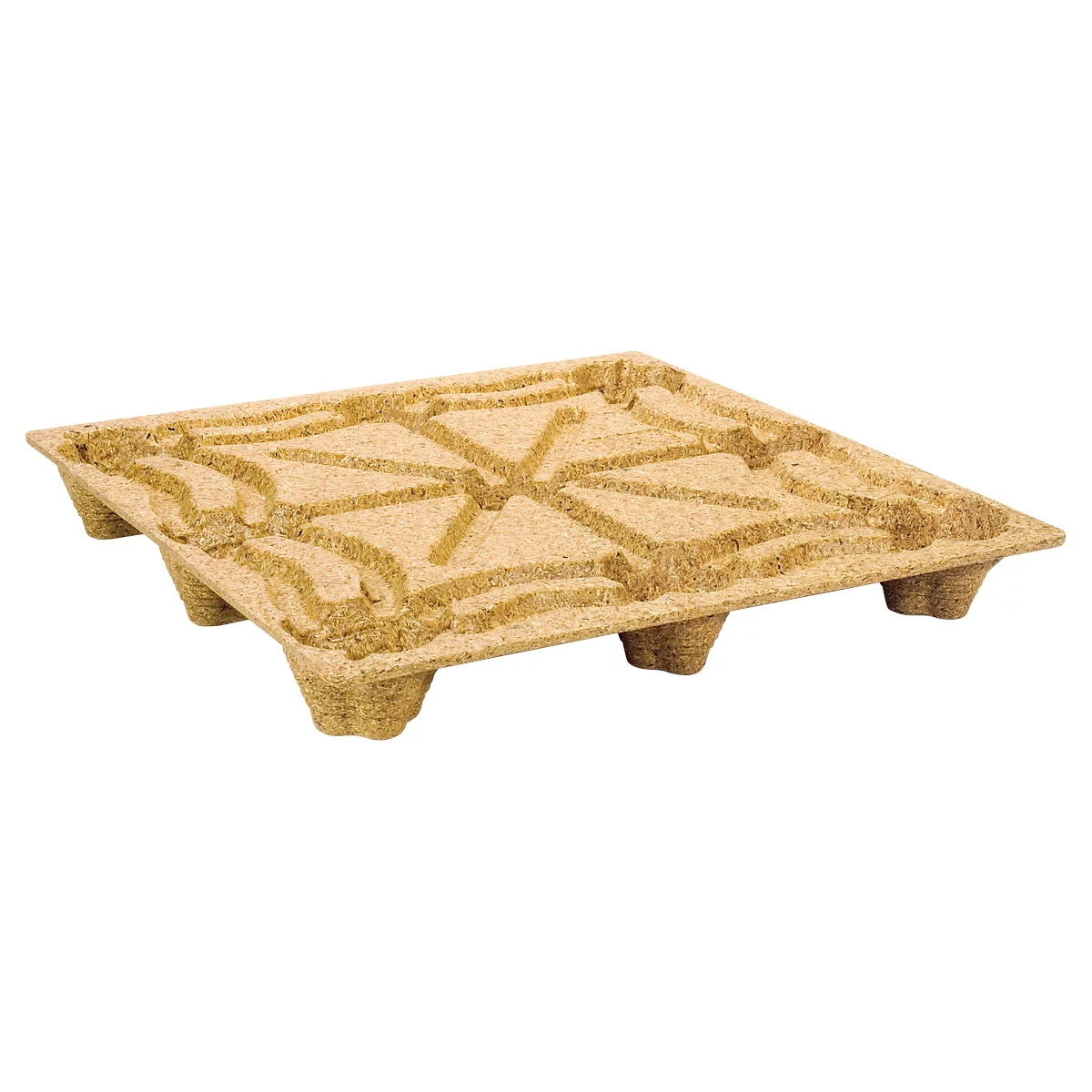 Brown pallet made of compressed wood fibers, hexagonal patterns. Four feet, slight curvature.